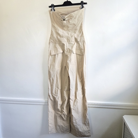 New Zara Caro Long Strapless Nylon Beige/Khaki Jumpsuit NWT Small - Picture 11 of 12